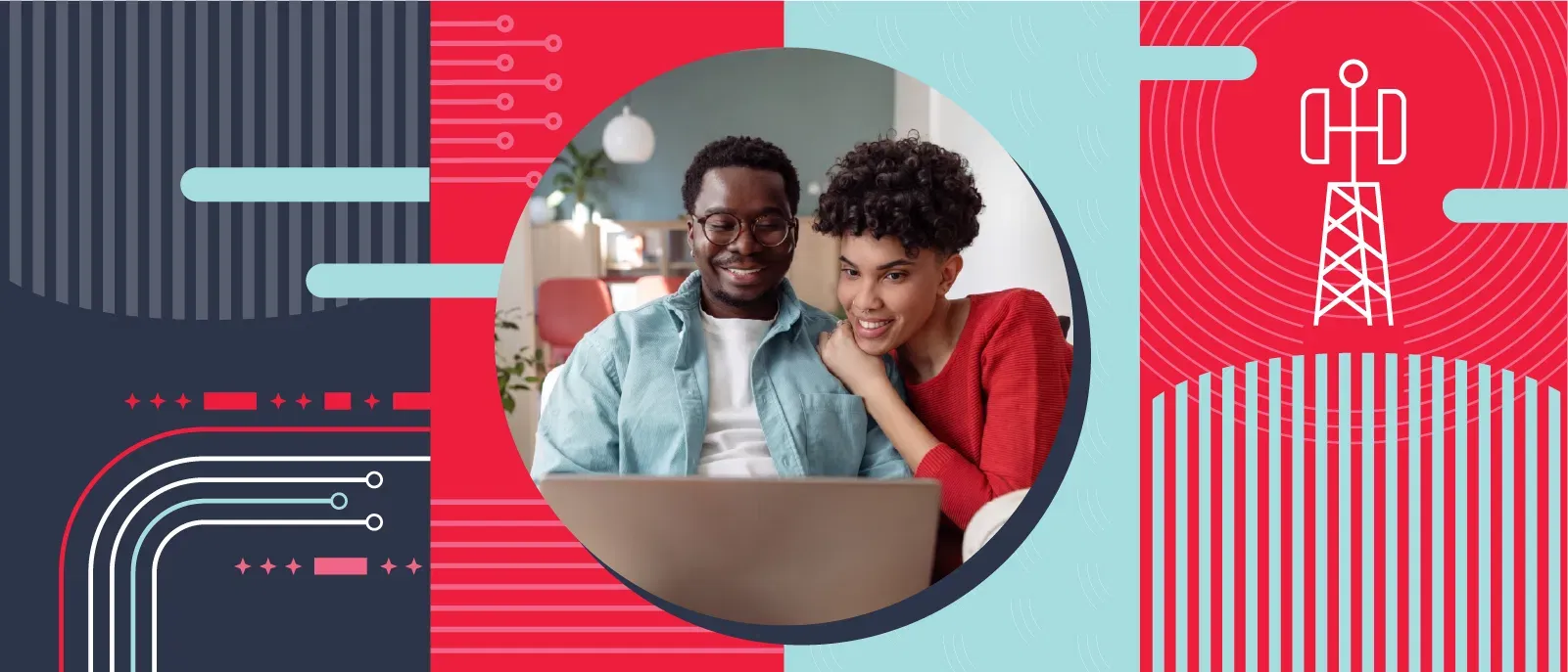 A couple smiling while looking at a laptop together, set against a graphic background featuring a 5G cell tower icon and fiber optic network lines.
